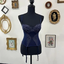 René Rofé Vintage Y2K Navy Blue Lace Sheer Corset Bustier size small