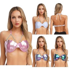 Women Shiny Mermaid Seashell Bikini Bra Top With Pearl Beads Club Festival Party