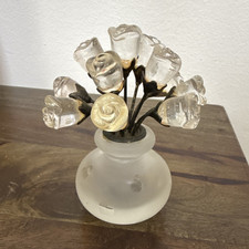 Artificial Clear/White Rose Flower Arrangement Centerpiece in Frosted Glass Vase