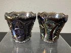 2 VTG Imperial Glass Purple Amethyst Carnival Sawtooth Hobstar Toothpick Holder
