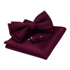 Mens Solid Color Two Layer Pre-Tied Bow Tie Pocket Square Cufflink Set Gift Box