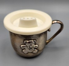 Vintage Silver Plated Baby Sippy Cup with Bear and Plastic Lid