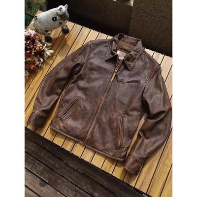 Mens Retro Genuine Leather Jacket Long Sleeve Loose Casual Zipper