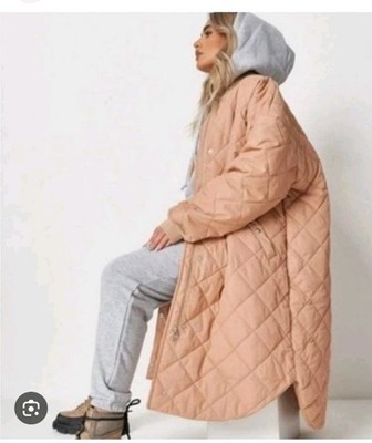 Misguided Camel Quilted Puffer Coat Oversized Full Zip Pockets Long Sleeves Sz 4