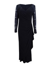 Alex Evenings Women's Embellished Lace Gathered Faux-Wrap Gown 8, Black 