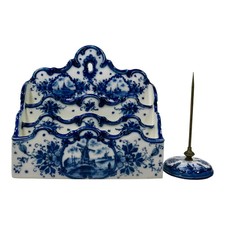 Delft Pattern Blue and White Letter Holder and Receipt Spindle Windmill Ship