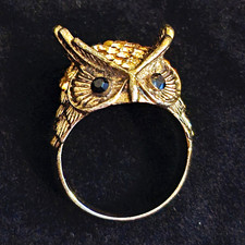 Silver Owl Cocktail Ring Size O Yellow Round Rhinestone Pavé Setting