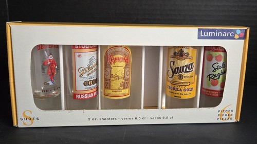 LUMINARC Set of 5 Shot Glasses Beefeater Sauza Stoli Kahlua Stolichnaya 2oz