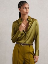 REISS Ameira Silk-Satin Concealed-Placket Shirt Top Blouse Light Green UK 12
