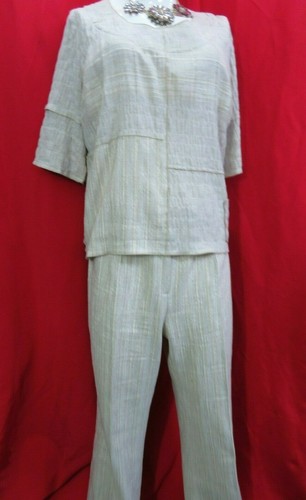 Claudia Stevens summer cool beige cotton linen mix top skirt trousers 3pc UK 20 - Picture 5 of 12