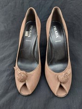 PRADA MILANO PUMPS HEELS BROWN ROSETTE DRESS EU 38 - US 8.  PEEP TOE ITALY