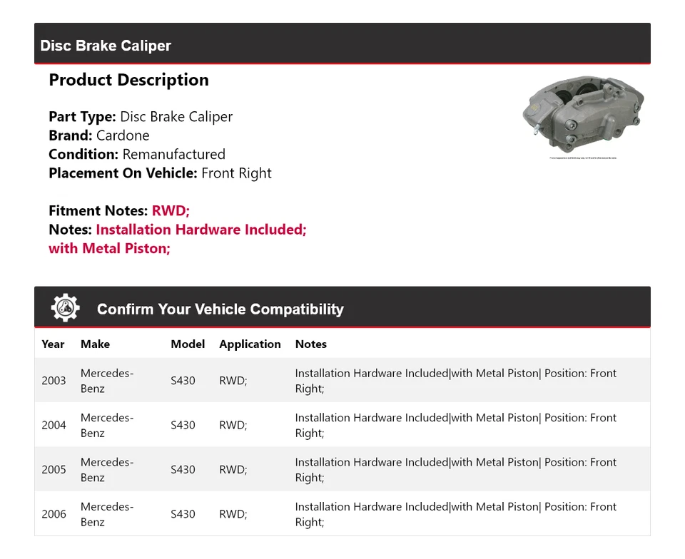 Pinza de freno de disco delantera derecha Cardone 2004 para Mercedes-Benz S430 2003-2006 tracción trasera Foto 2 de 4
