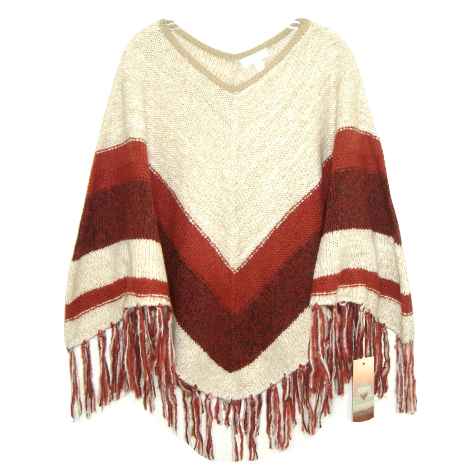 NWT Nordstrom Sun & Shadow Wool Blend Striped Poncho w/Fringe Size M/L