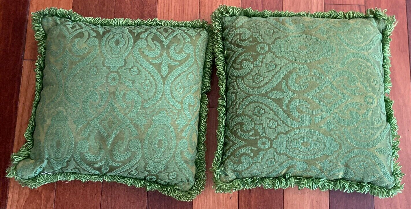 2 Vtg Fringed Throw Pillows MCM Brocade Velvet Olive Green Square 14 x 14 Inch