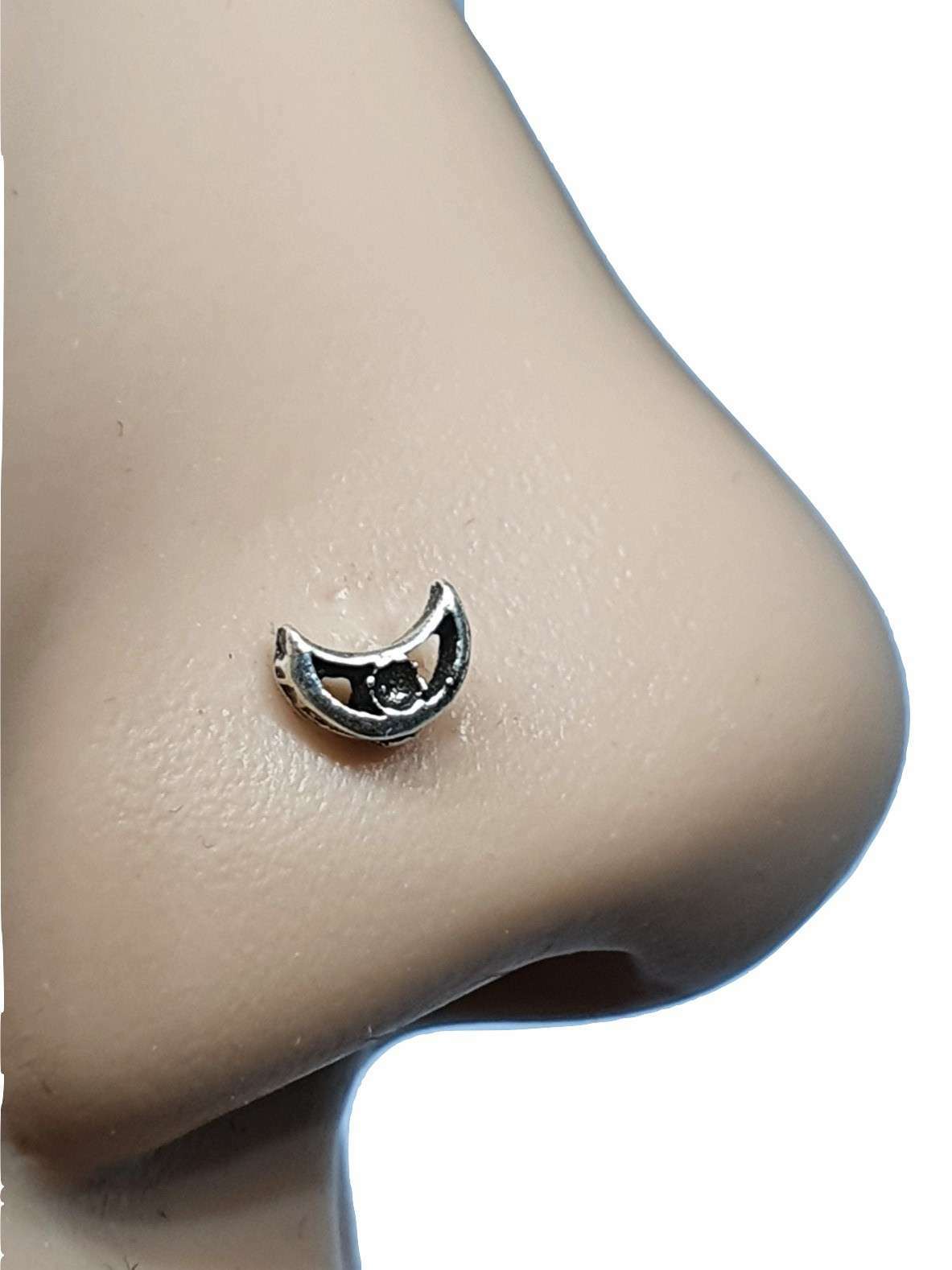 Nose Stud Crescent Moon Goddess 22g (0.6mm) 925 Silver L Bendable Straight Stud