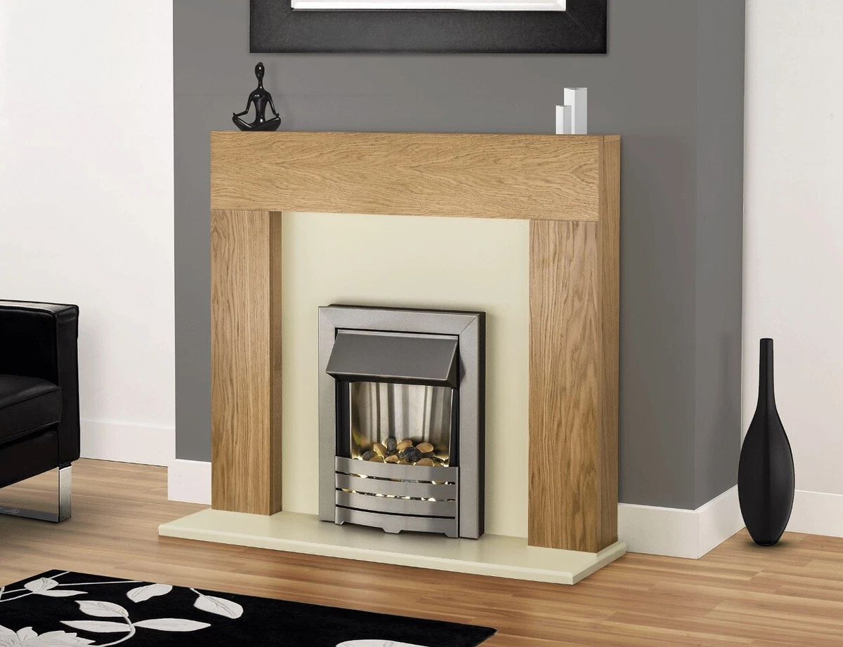 ELECTRIC FIRE OAK WOOD FIREPLACE MODERN WHITE BACK HEARTH LED SILVER  PEBBLES | eBay