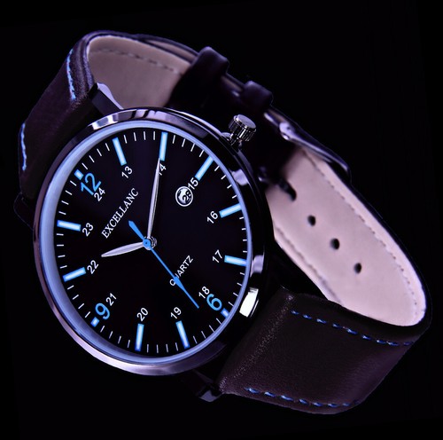 Excellanc Quartz Men's Bracelet Watch Black Blue Brown Date Display EIG-55 - Picture 4 of 5