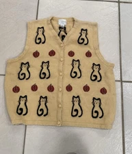 Christopher & Banks Sweater Vest Womens XL Tan Hand Embroidered Cat Pumpkin