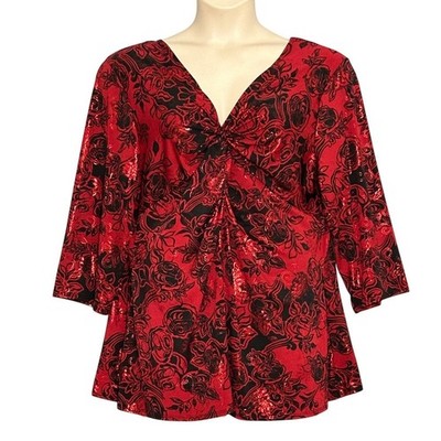 VTG Y2K Womans Top Plus 20 Red Black Floral Jersey Knit Whimsigoth Dark Fairy
