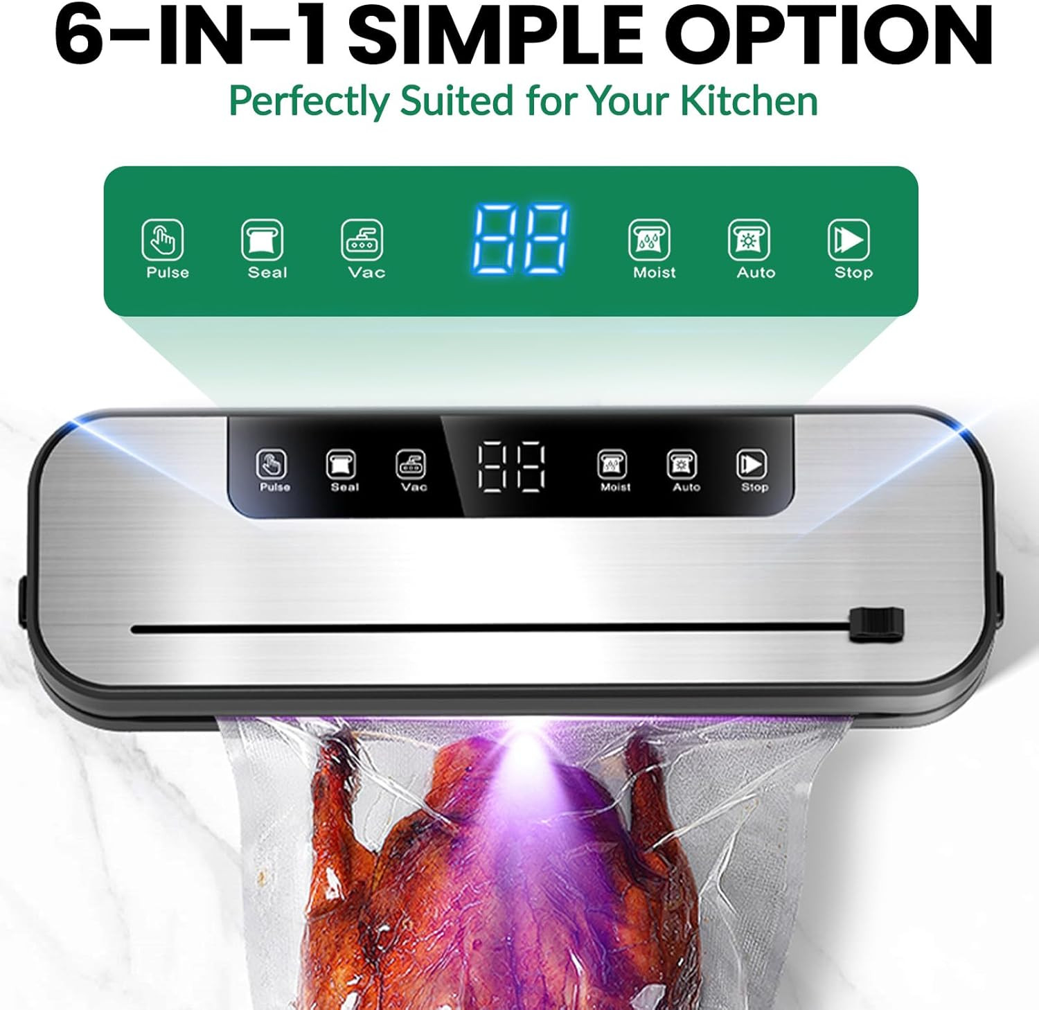 Sigillatrice Sottovuoto ESoundvol 6 In 1 Con Taglierina Incorporata, Display LED, Potenza 65 KPa, Include 10 Sacchetti, Per Alimenti Secchi E Umidi