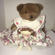 1985 Dankin Jointed Teddy Bear Plush With Girl Doll Purse Bag Floral Dress