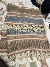 Vintage Faribo Wool Fringed Stadium Throw Lap Blanket Southwest Stripe Neutral 