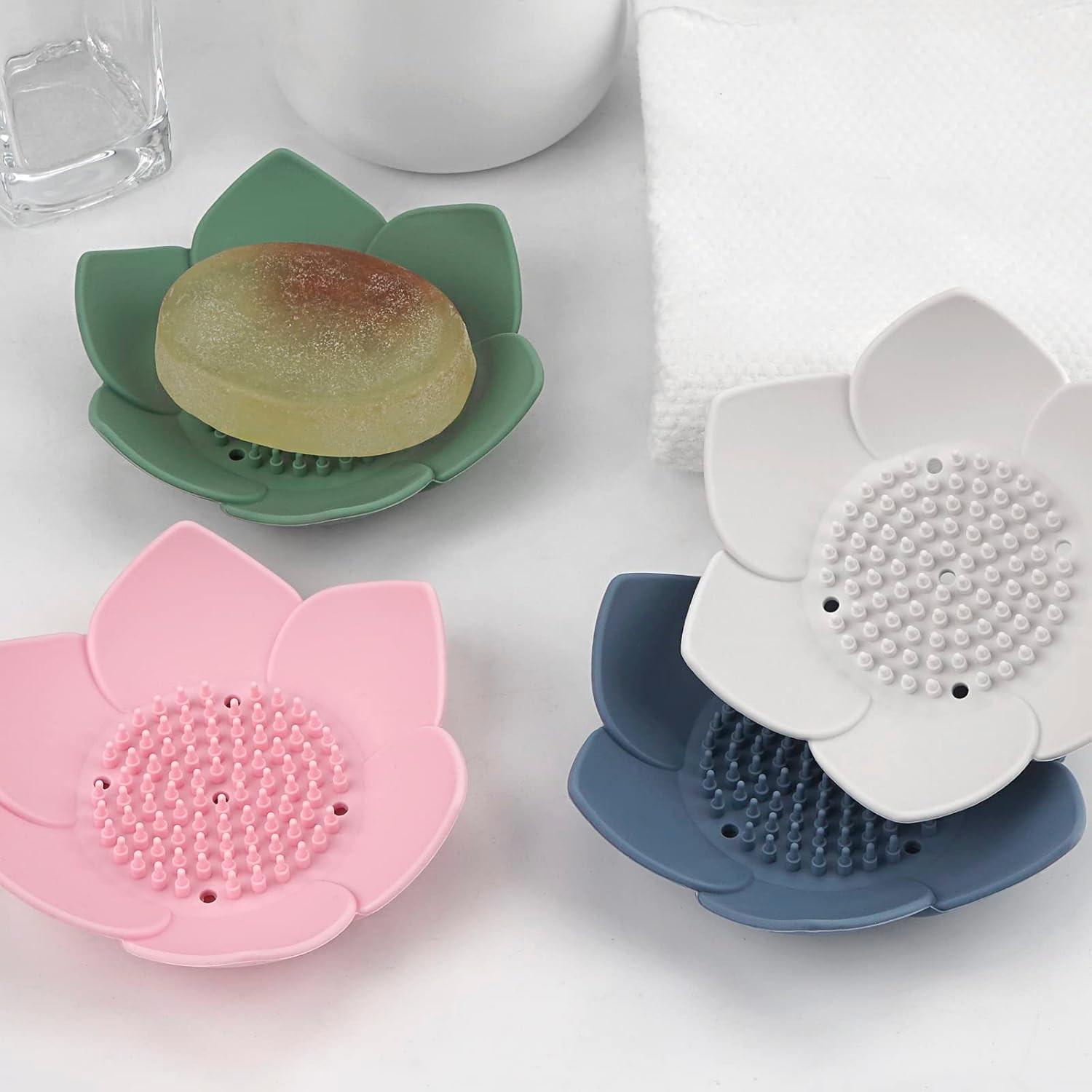4 Pack Soap Dish with Drain, Silicone Bar Soap Holder for Bathroom, Flower Sh...