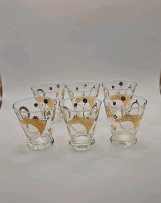 RARE SET OF 6 Vtg Fred Press Gold Horse Vintage Barware Lowball Juice Glasses