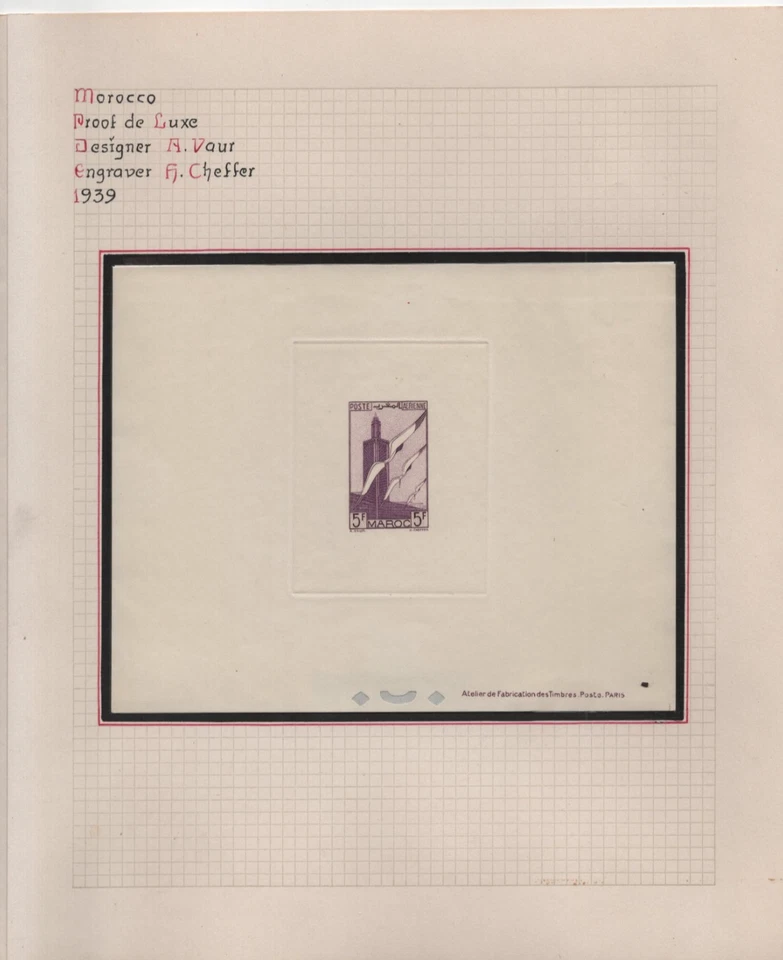 FRANCE MOROCCO 1939 SEVEN LARGE DIE PROOFS "EPREVUE DELUXE" SC. #C20–C26 - Image 4 of 4