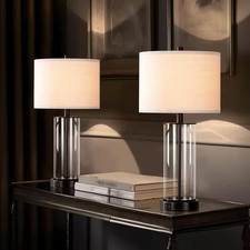 23 In. Clear Glass Table Lamp Set with Bulbs, Touch Control, Dual USB Ports and