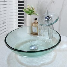 Clear Glass Vessel Sink with Chrome Faucet and Pop-Up Drain Set 17 Inch Round...