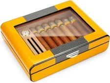 Cigar Humidor, Glass Top Box with Humidifier Hygrometer, Cedar Wood Case for 10-