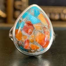 Turquoise Spiny Oyster Sterling Silver Teardrop Ring Size 9 Handmade 925 Unique