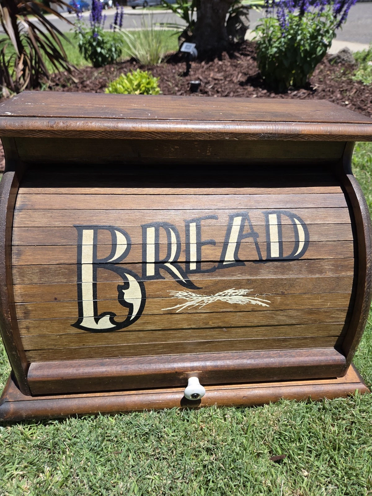 Vintage Wood Bread Box with Roll-Top Lid and 'BREAD' Lettering