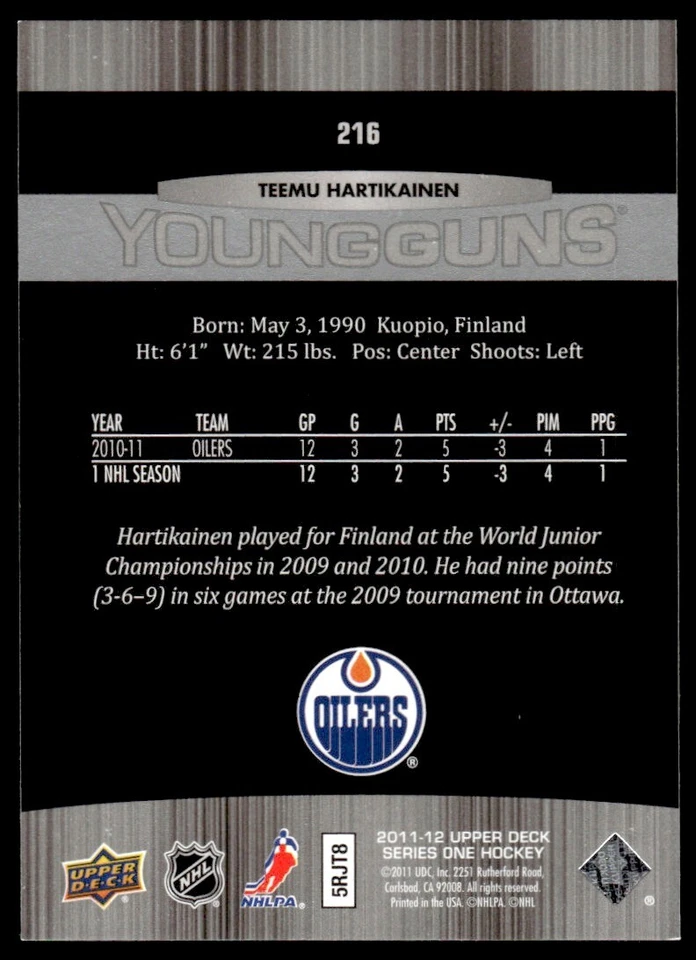2011-12 Upper Deck Young Guns Teemu Hartikainen Rookie Edmonton Oilers #216 R70 - Image 2 of 2