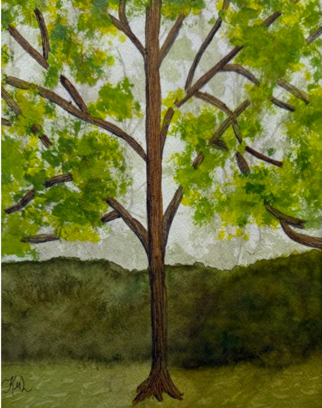 PAINTING WATERCOLOR 8X10 & WHITE MAT 16X20 SPRING TREE LANDSCAPE GREEN ORIGINAL 
