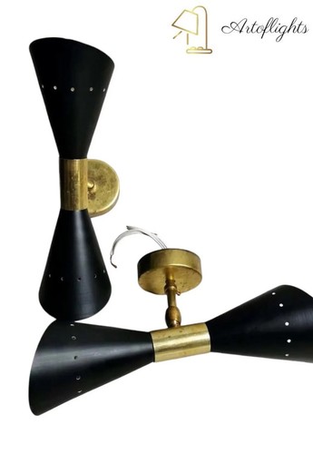Wall Scone Mid Century Modern Elegance: Dual Conical Wall Lamp with Brass Accent - Picture 4 of 6