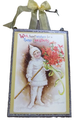 Vtg Plaque Happy Christmas Greetings Child Poinsettias Ellen Clapsaddle 12 ''x 8''