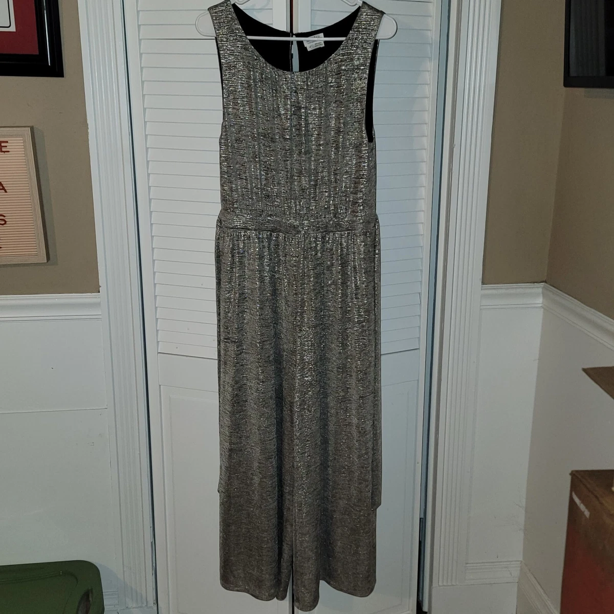 Meadow Rue Anthropologie Womens Silver Wide Leg Jumpsuit Medium