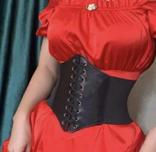 Leather Waist Belt Cincher Corset Black Wide Band Elastic Tied Corset one Size