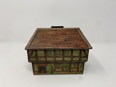 Antique 1925 Huntley, Boorne & Stevens Biscuit Tin English Tudor-Style Cottage