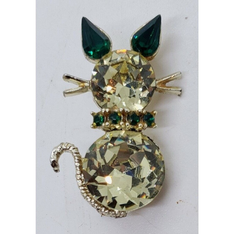 Vintage Dodds Cat Brooch Citrine Yellow & Green Rhinestone Rare Color