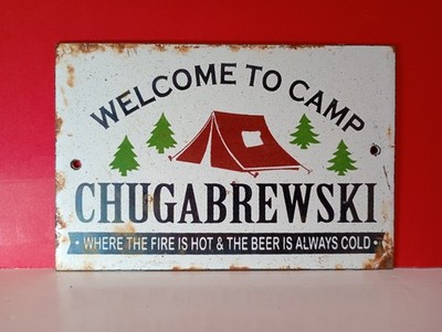 Vintage Chugabrewski Lager heißes Feuer & kaltes Bier Porzellan Emailschild 6'' x 4''