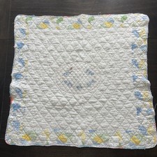Vintage Hand Quilted Baby Crib Quilt Embroidered Blue Flowers Handmade Antique