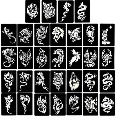 32 Patterns Temporary Tattoo Stencils - 4 Large A4 Sheets Animal Tribal Tattoo S