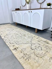 3x12 Vintage Turkish Oushak Runner, Beige Faded Rug, Handmade Wool, Bohemian Rug
