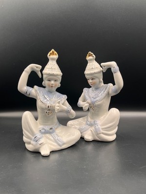 Vintage Pair Decorative Blue White & Gold Porcelain Figurine Thai Temple Dancer
