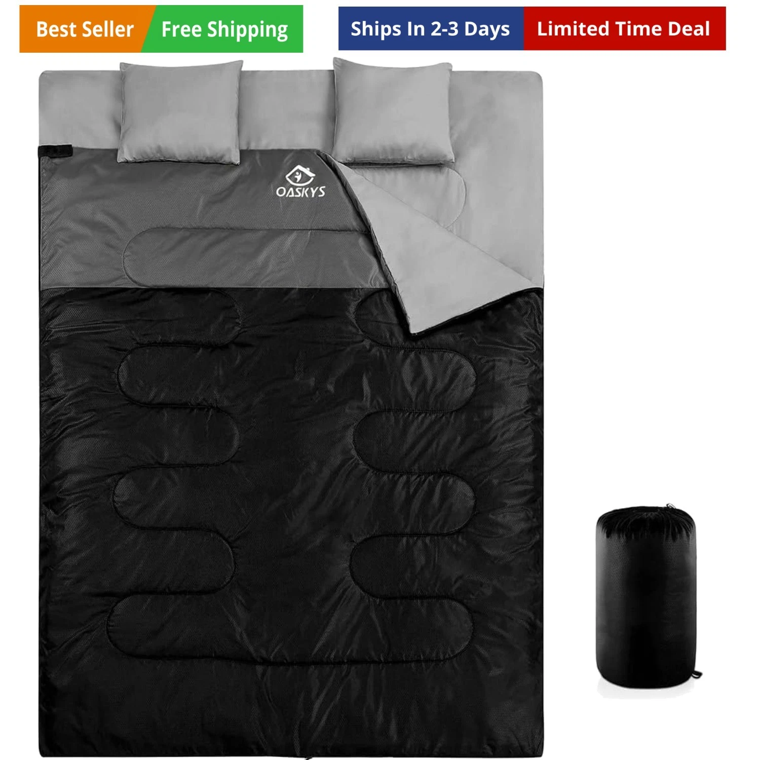 Double Sleeping Bag for Adults with 2 Pillows - Queen Size XL Waterproof Slee...