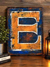 Metal Letter E Wall Plaque Sign, Rustic Distressed Finish, Blue Orange White