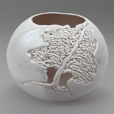 Tim & Erika Peters Carved Tree Round Porcelain Candle Holder Iridescent Glaze